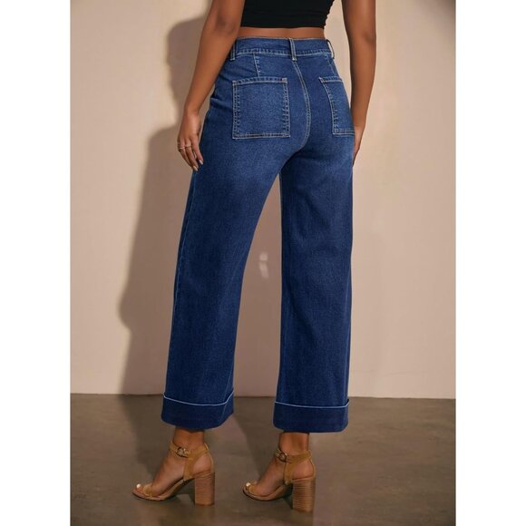 Women’s High Waist Wide Leg Cropped Stretchy Denim Jeans Pockets - Picture 6 of 7